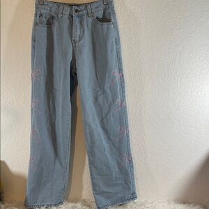 YOUR CUTE JEANS Pink Embroidered Bows On Sides Wide Leg Size 5